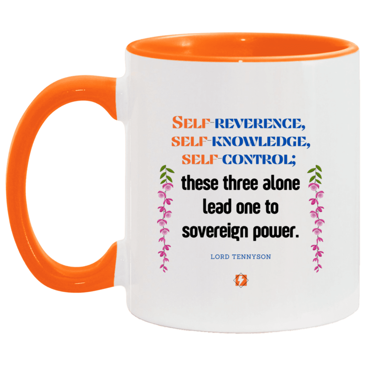 Ceramic Standard Mug 11oz with inspiring Tennyson quote: LT113 - Self knowledge leads to power - Color: White/Orange Navy