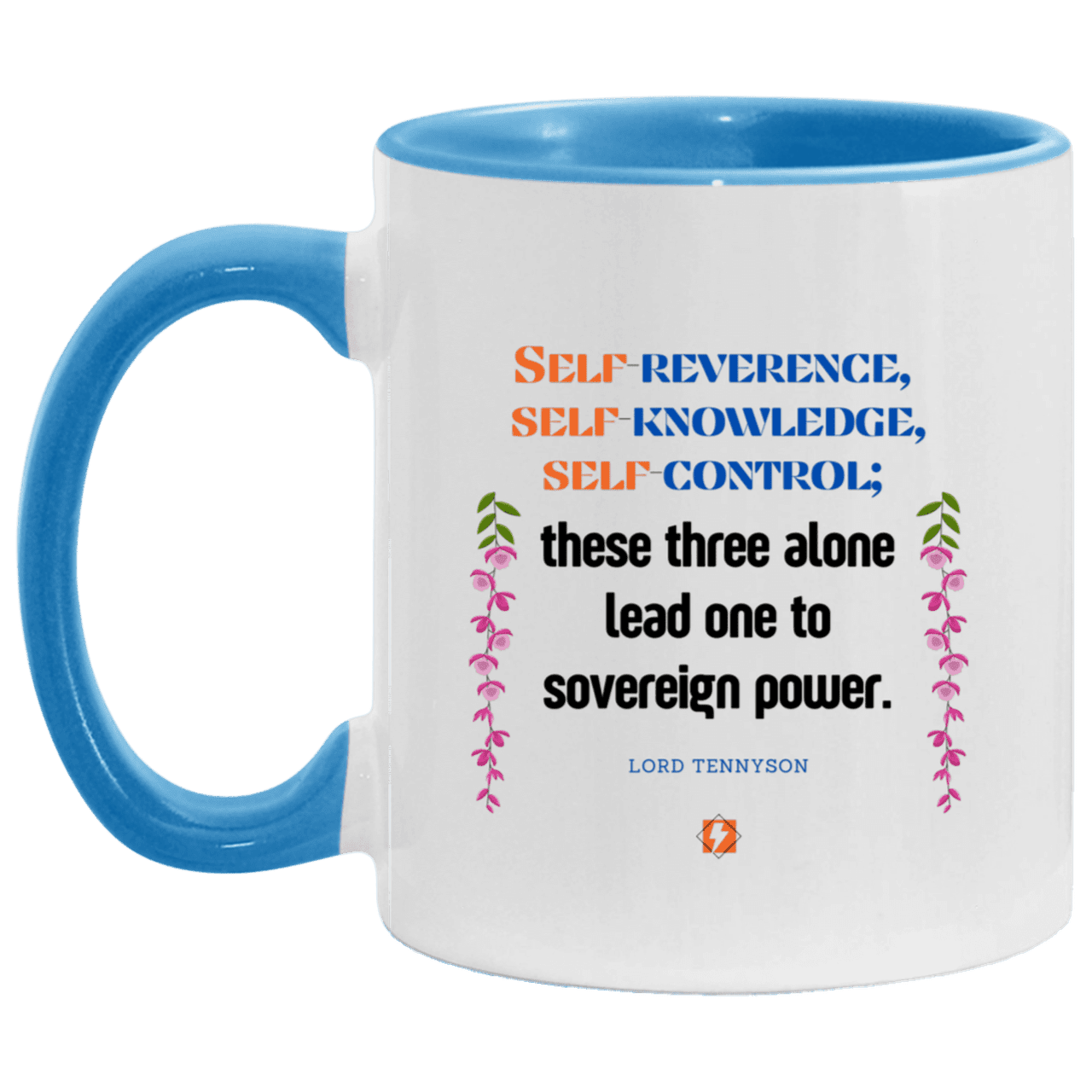 Ceramic Standard Mug 11oz with inspiring Tennyson quote: LT113 - Self knowledge leads to power - Color: Purple White/Light Blue