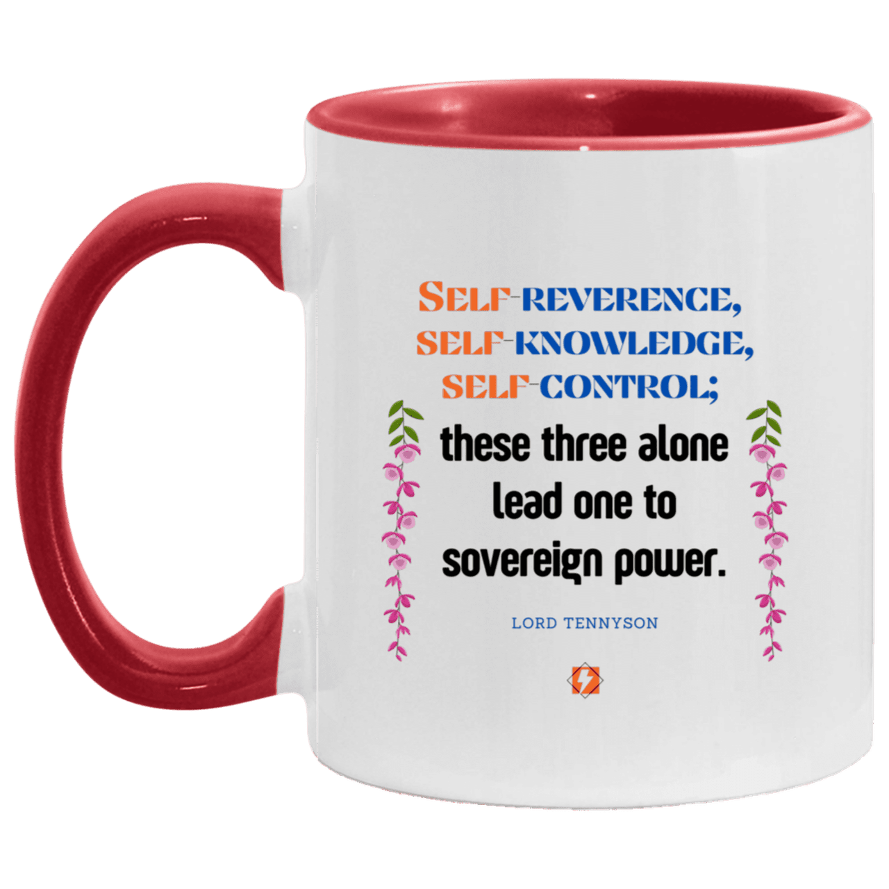 Ceramic Standard Mug 11oz with inspiring Tennyson quote: LT113 - Self knowledge leads to power - Color: White/Red Black White