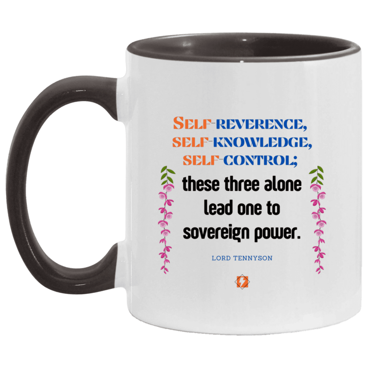 Ceramic Standard Mug 11oz with inspiring Tennyson quote: LT113 - Self knowledge leads to power - Color: White/Black