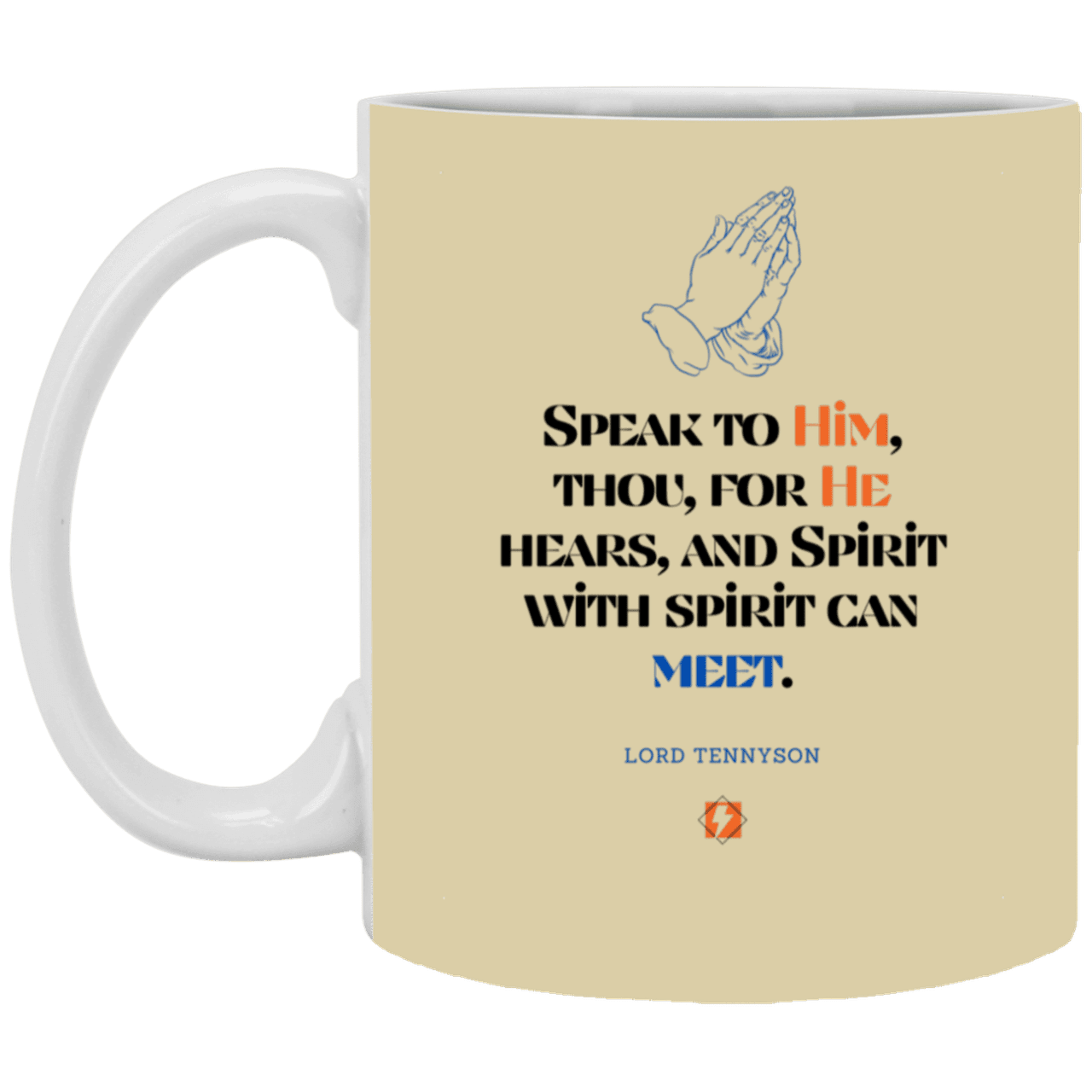 Ceramic Standard Mug 11oz with inspiring Tennyson quote: LT114 - God meets with your spirit in prayer - Color: Black White Tan