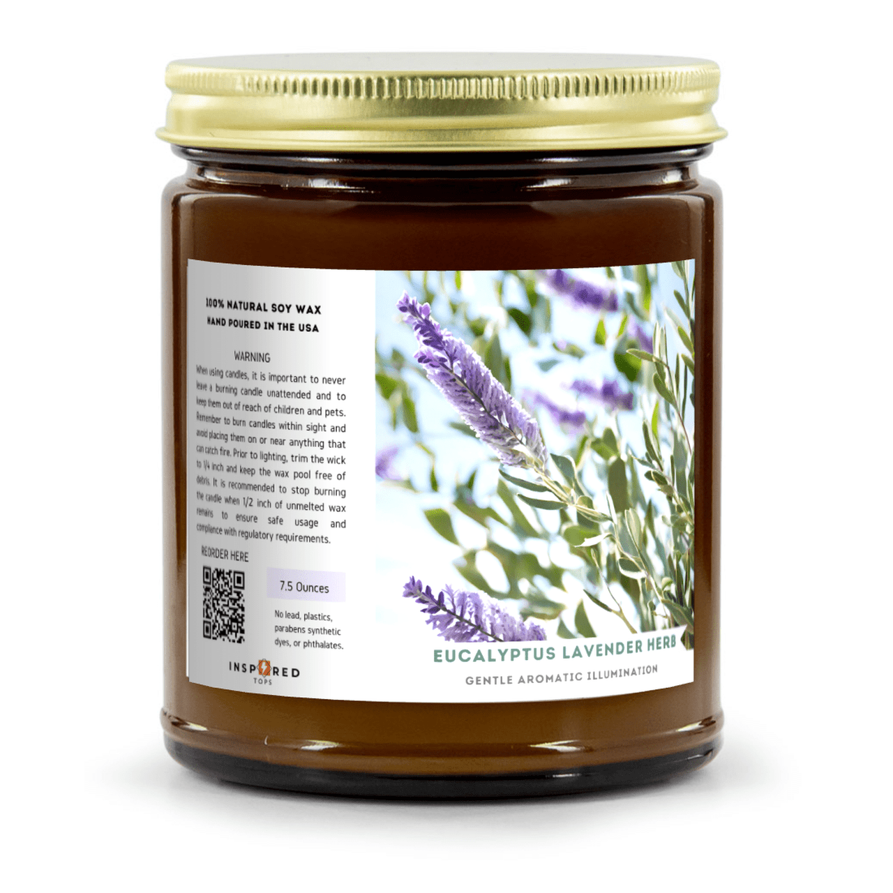 Gentle Aromatic Illumination - Fragrant Candle with Soy Wax Blend in Amber Glass - Color: Eucalyptus Lavender Herb