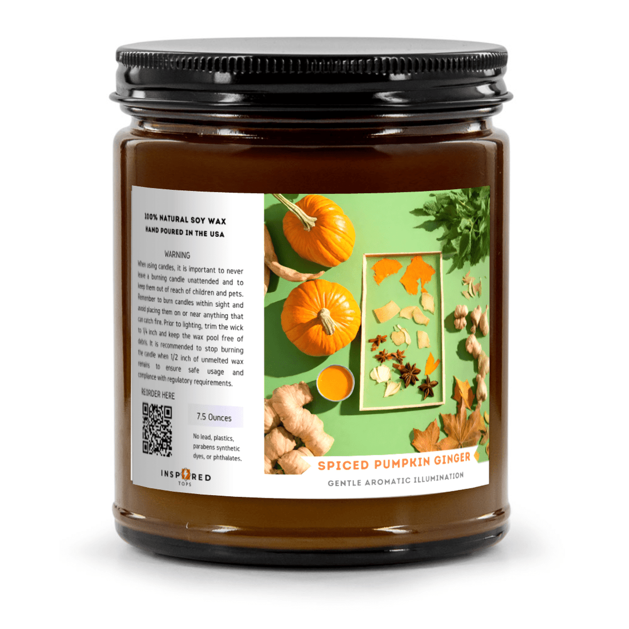 Gentle Aromatic Illumination - Fragrant Candle with Soy Wax Blend in Amber Glass - Color: Spiced Pumpkin Ginger