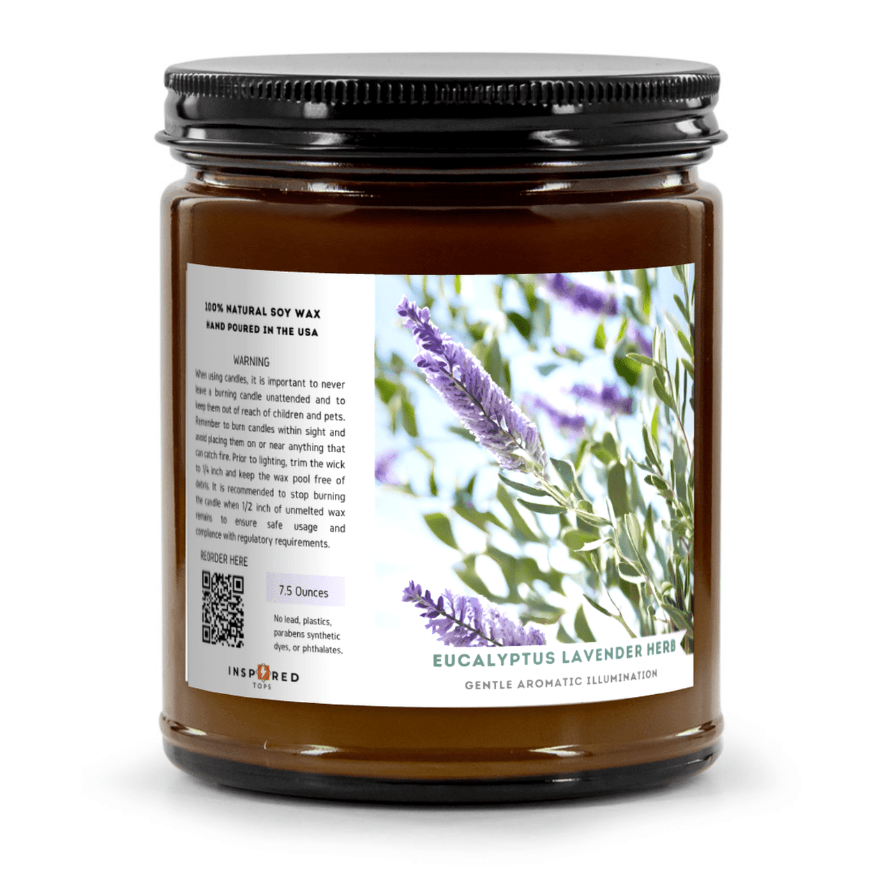 Gentle Aromatic Illumination - Fragrant Candle with Soy Wax Blend in Amber Glass - Color: Eucalyptus Lavender Herb