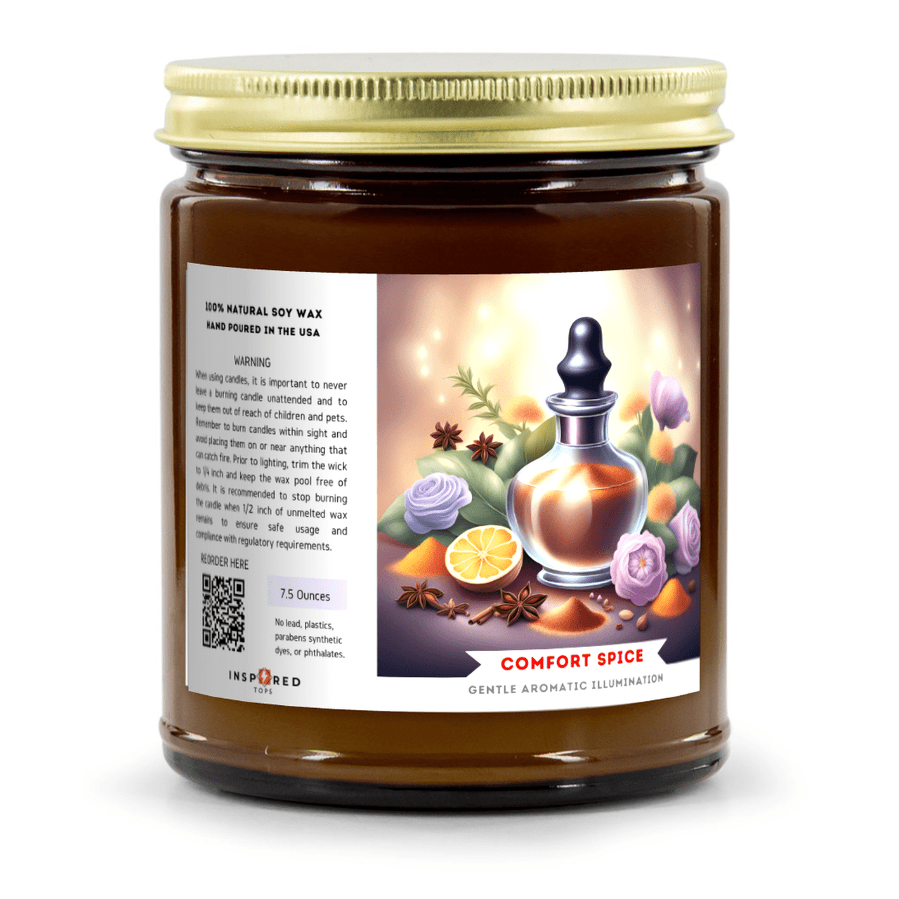 Gentle Aromatic Illumination - Fragrant Candle with Soy Wax Blend in Amber Glass - Color: Comfort Spice