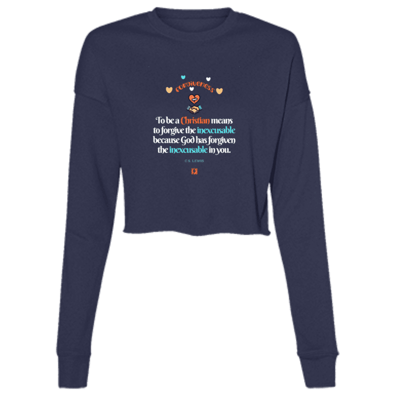 Ladies' Cropped Fleece Crew with inspiring CS Lewis quote: CS116 - Forgive the inexcusable - Color: Navy