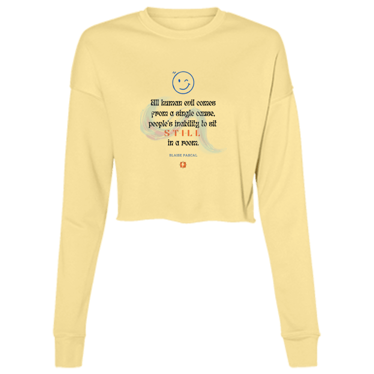 Ladies' Cropped Fleece Crew with inspiring Pascal quote: BP101 - Importance of keeping still - Color: Yellow