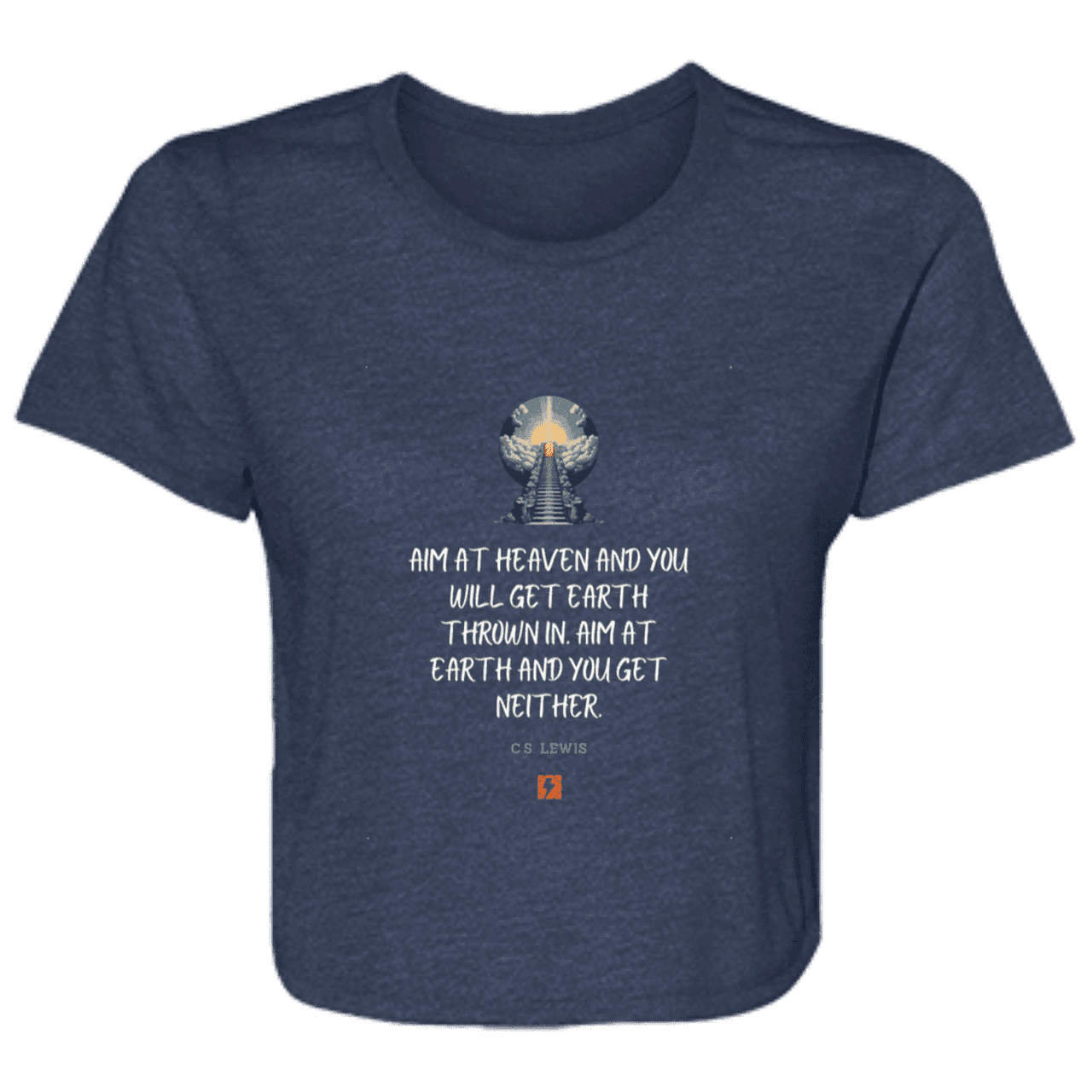 Ladies' Flowy Cropped Tee with inspiring CS Lewis quote: CS101 - Aim for heaven - Color: Navy