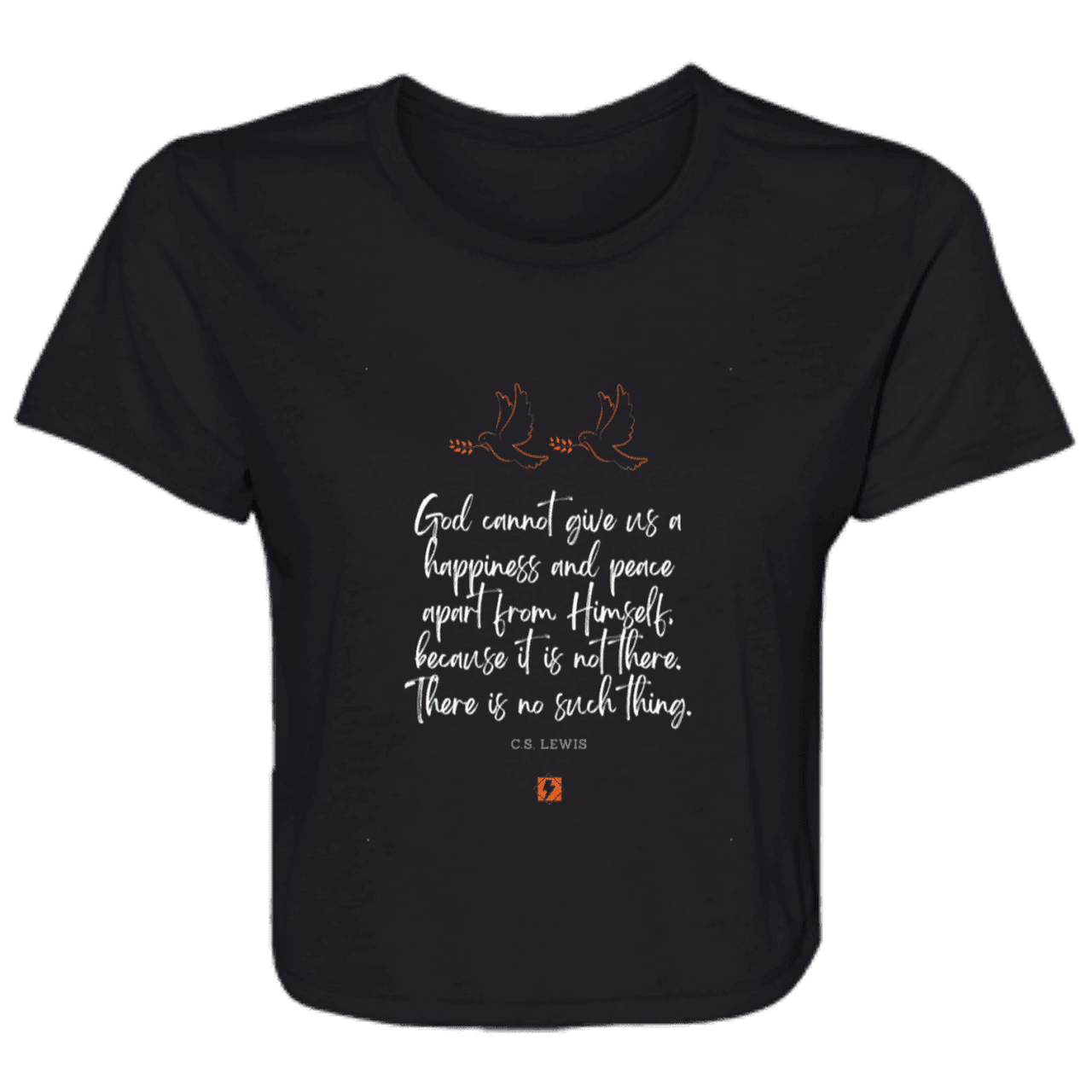 Ladies' Flowy Cropped Tee with inspiring CS Lewis quote: CS106 - No peace apart from God - Color: Black