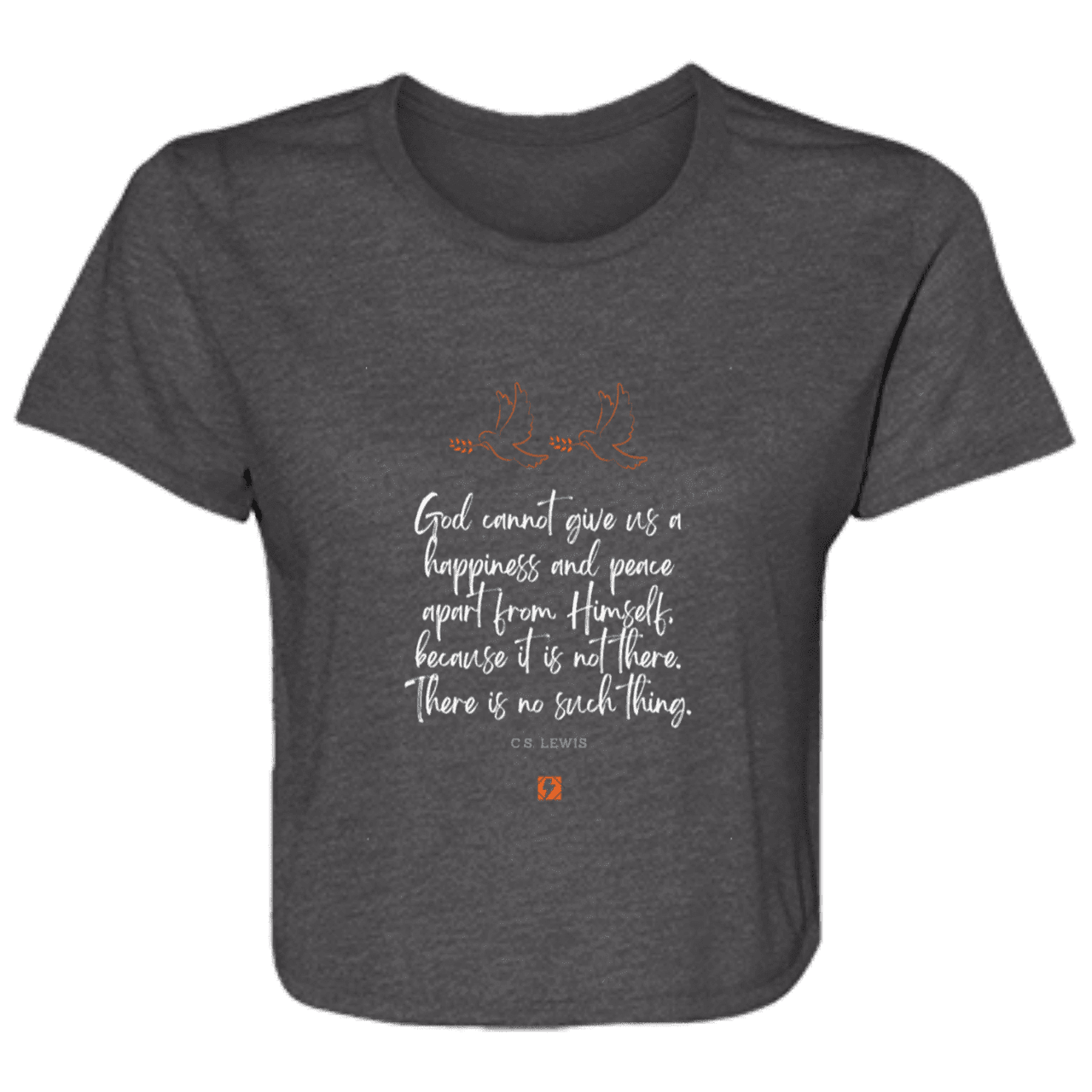 Ladies' Flowy Cropped Tee with inspiring CS Lewis quote: CS106 - No peace apart from God - Color: Dark Grey Heather