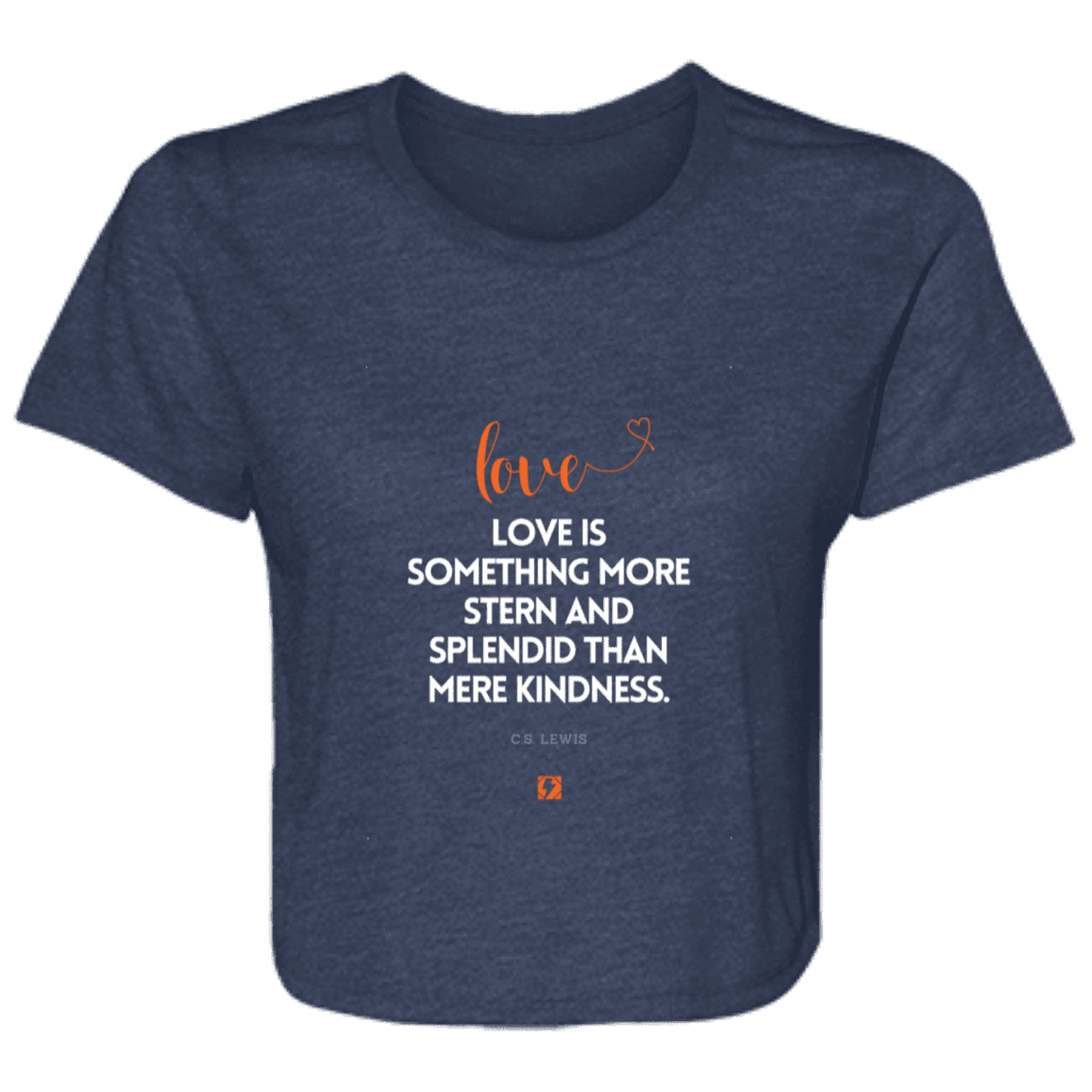 Ladies' Flowy Cropped Tee with inspiring CS Lewis quote: CS109 - Love is more than kindness - Color: Navy