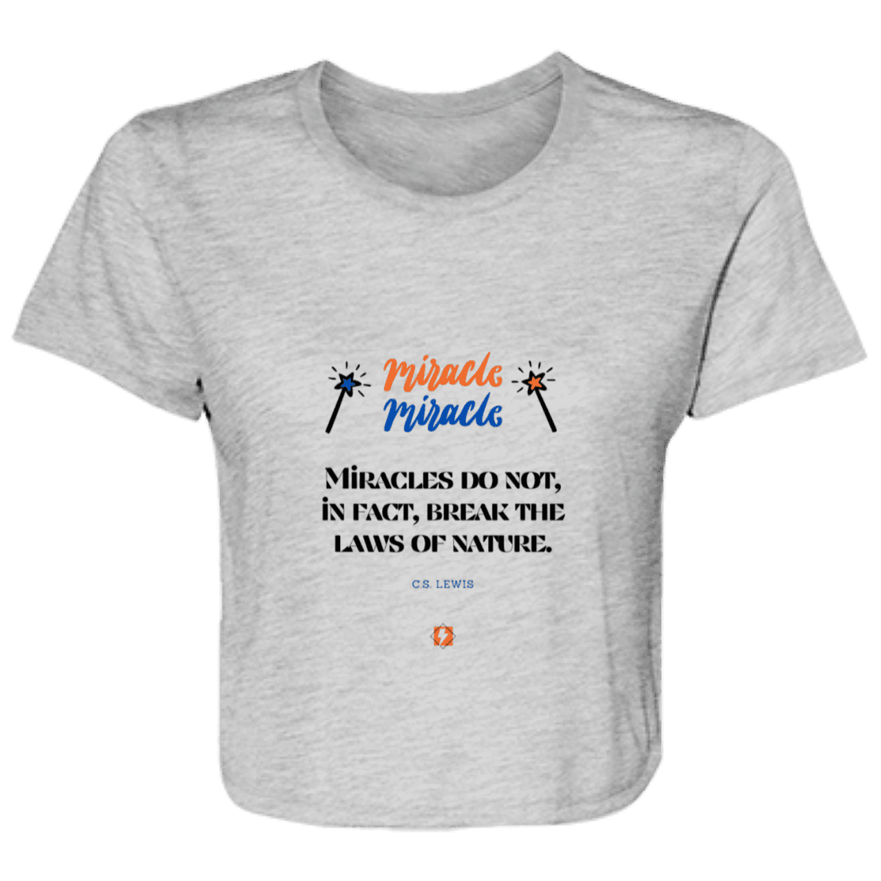 Ladies' Flowy Cropped Tee with inspiring CS Lewis quote: CS110 - Miracles do not break natural laws - Color: Athletic Heather