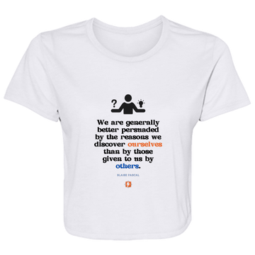 Ladies' Flowy Cropped Tee with inspiring Pascal quote: BP115 - The path of persuation involves self-discovery - Color: White