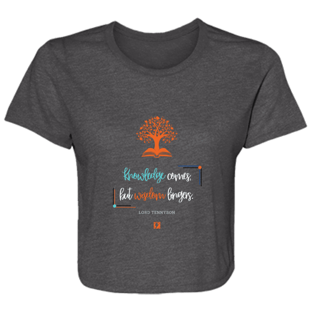 Ladies' Flowy Cropped Tee with inspiring Tennyson quote: LT107 - Knowledge vs Wisdom - Color: Dark Grey Heather