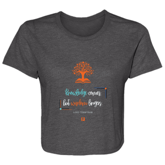 Ladies' Flowy Cropped Tee with inspiring Tennyson quote: LT107 - Knowledge vs Wisdom - Color: Dark Grey Heather