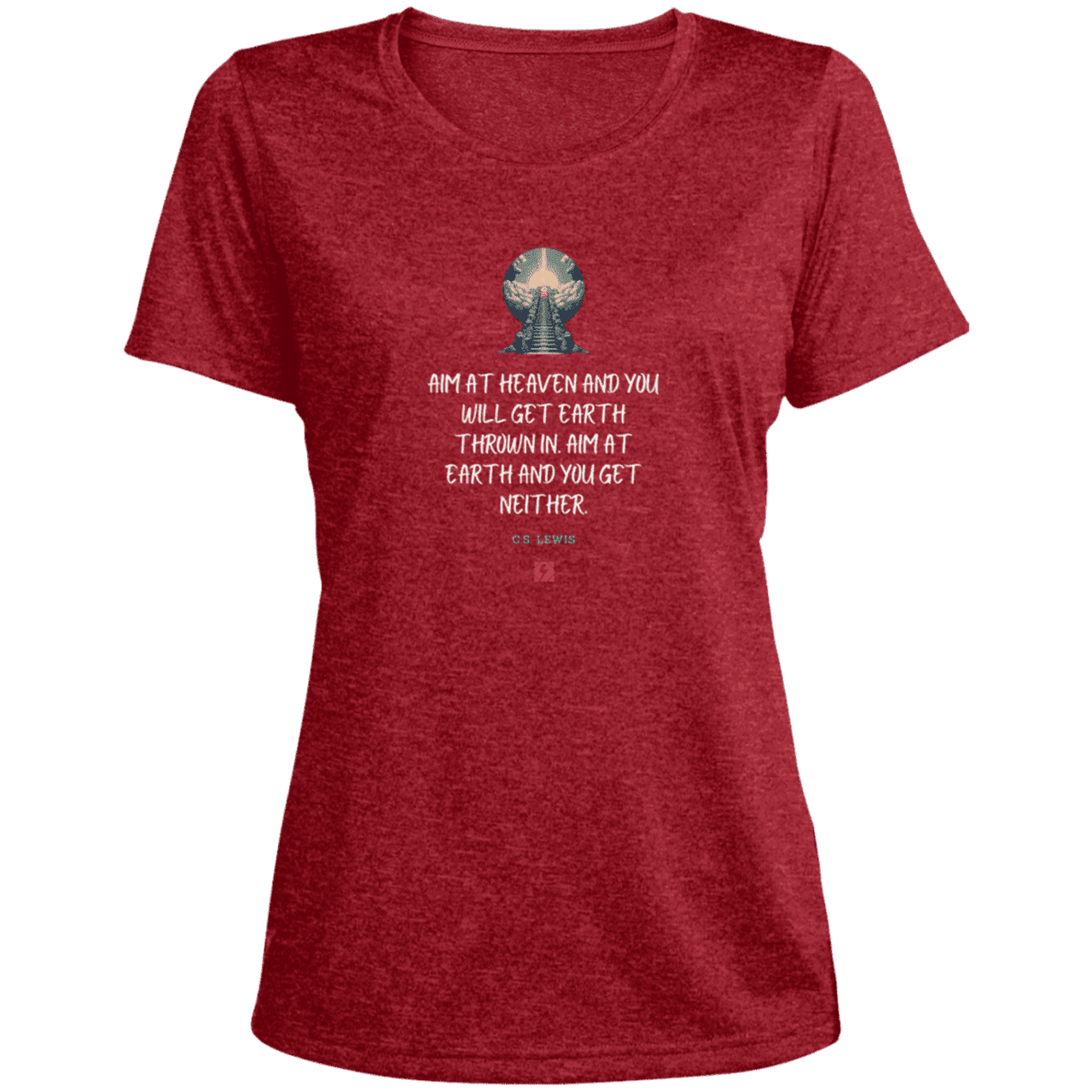 Ladies' Heather Scoop Neck Performance Tee with inspiring CS Lewis quote: CS101 - Aim for heaven - Color: Scarlet Heather