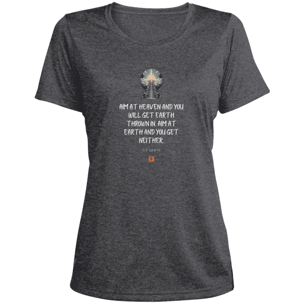 Ladies' Heather Scoop Neck Performance Tee with inspiring CS Lewis quote: CS101 - Aim for heaven - Color: Graphite Heather