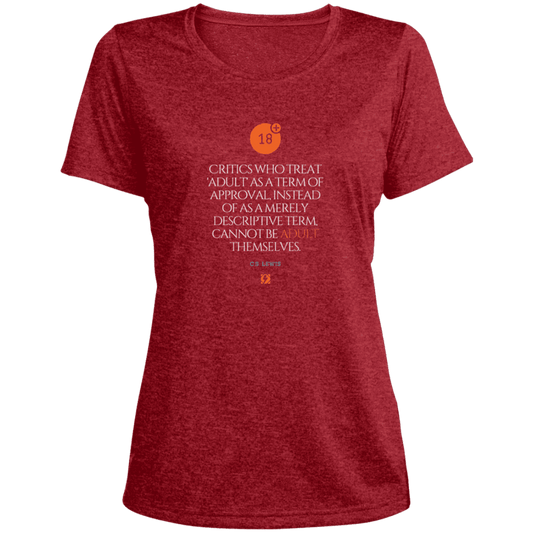 Ladies' Heather Scoop Neck Performance Tee with inspiring CS Lewis quote: CS103 - Who are the Adults - Color: Scarlet Heather