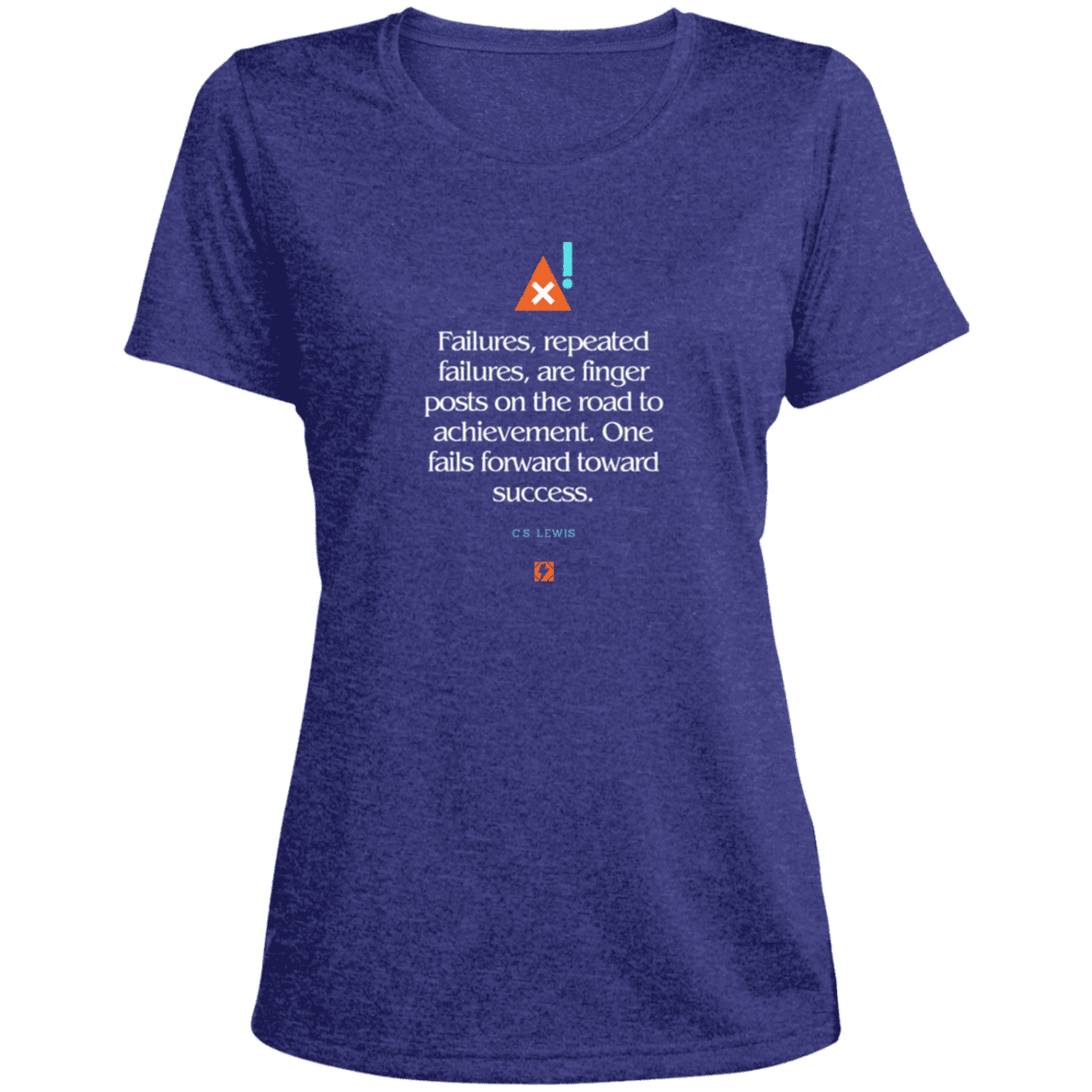 Ladies' Heather Scoop Neck Performance Tee with inspiring CS Lewis quote: CS104 - Failures to Success - Color: Cobalt Heather