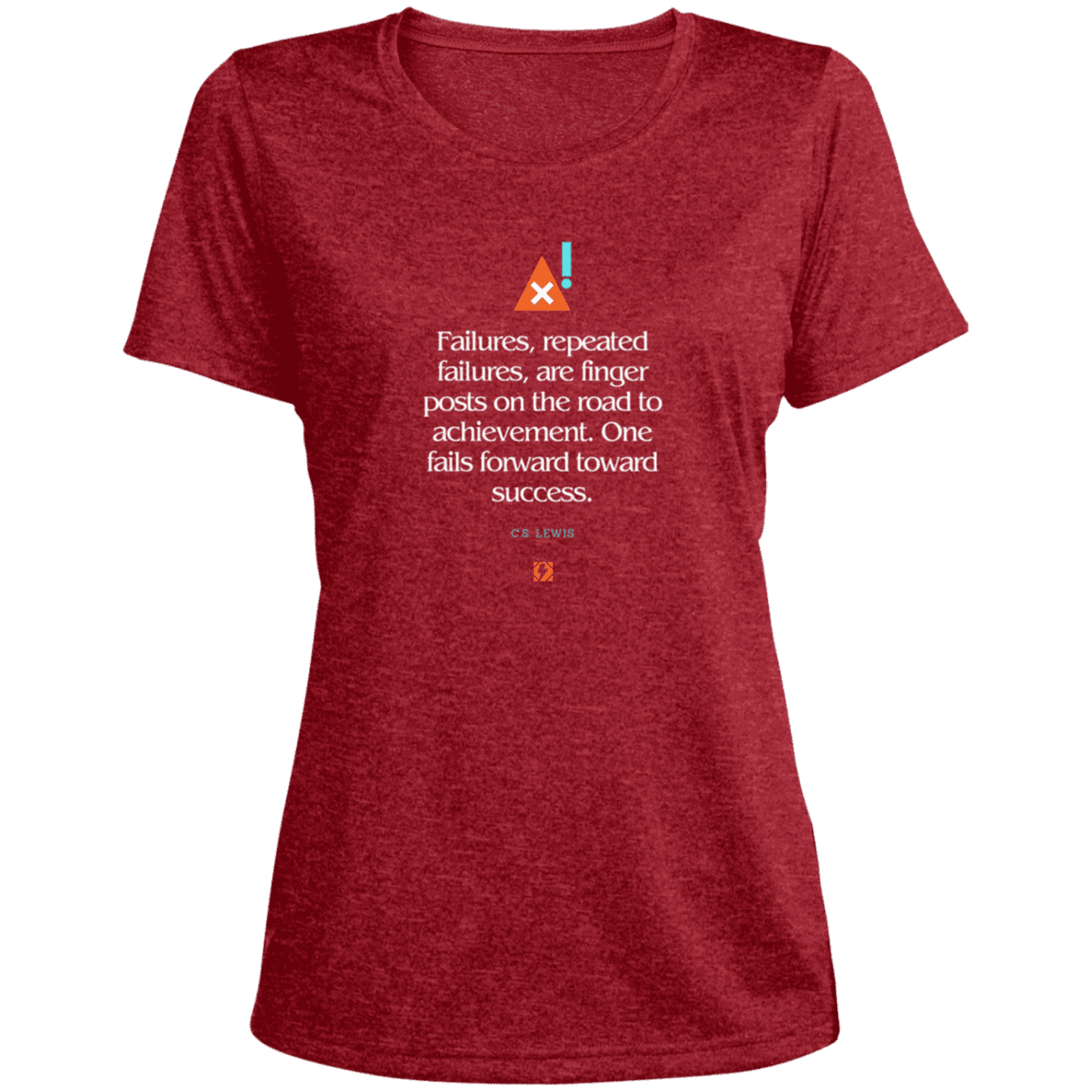 Ladies' Heather Scoop Neck Performance Tee with inspiring CS Lewis quote: CS104 - Failures to Success - Color: Scarlet Heather