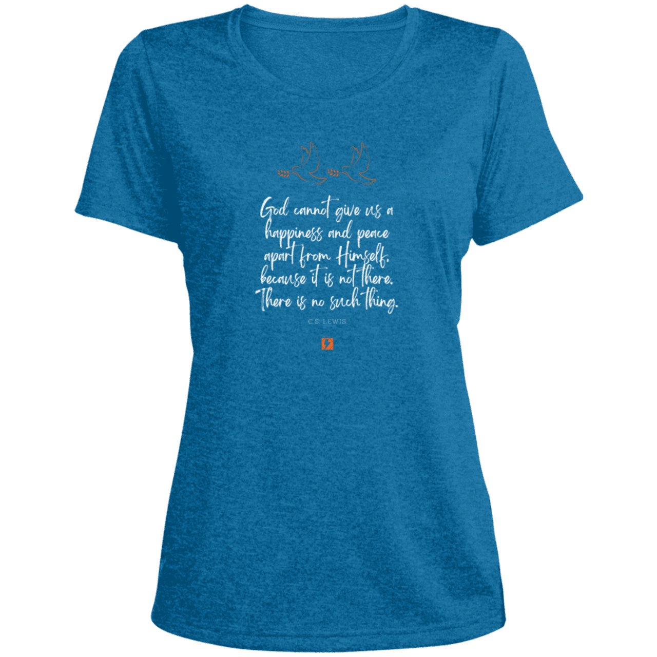 Ladies' Heather Scoop Neck Performance Tee with inspiring CS Lewis quote: CS106 - No peace apart from God - Color: Blue Wake Heather