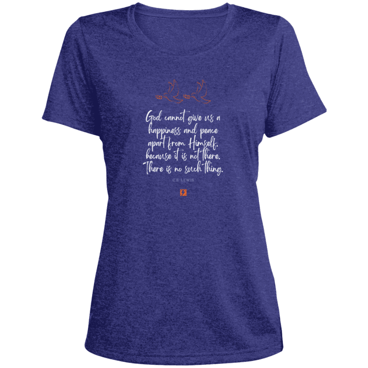 Ladies' Heather Scoop Neck Performance Tee with inspiring CS Lewis quote: CS106 - No peace apart from God - Color: Cobalt Heather