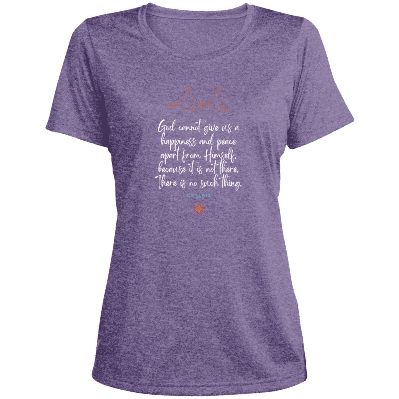 Ladies' Heather Scoop Neck Performance Tee with inspiring CS Lewis quote: CS106 - No peace apart from God - Color: Purple Heather