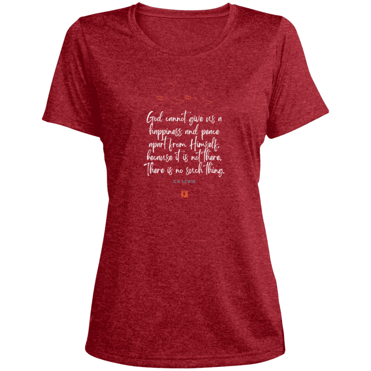 Ladies' Heather Scoop Neck Performance Tee with inspiring CS Lewis quote: CS106 - No peace apart from God - Color: Scarlet Heather