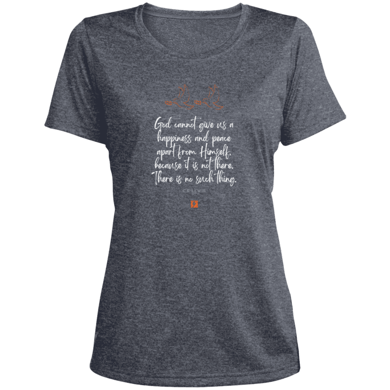 Ladies' Heather Scoop Neck Performance Tee with inspiring CS Lewis quote: CS106 - No peace apart from God - Color: True Navy Heather