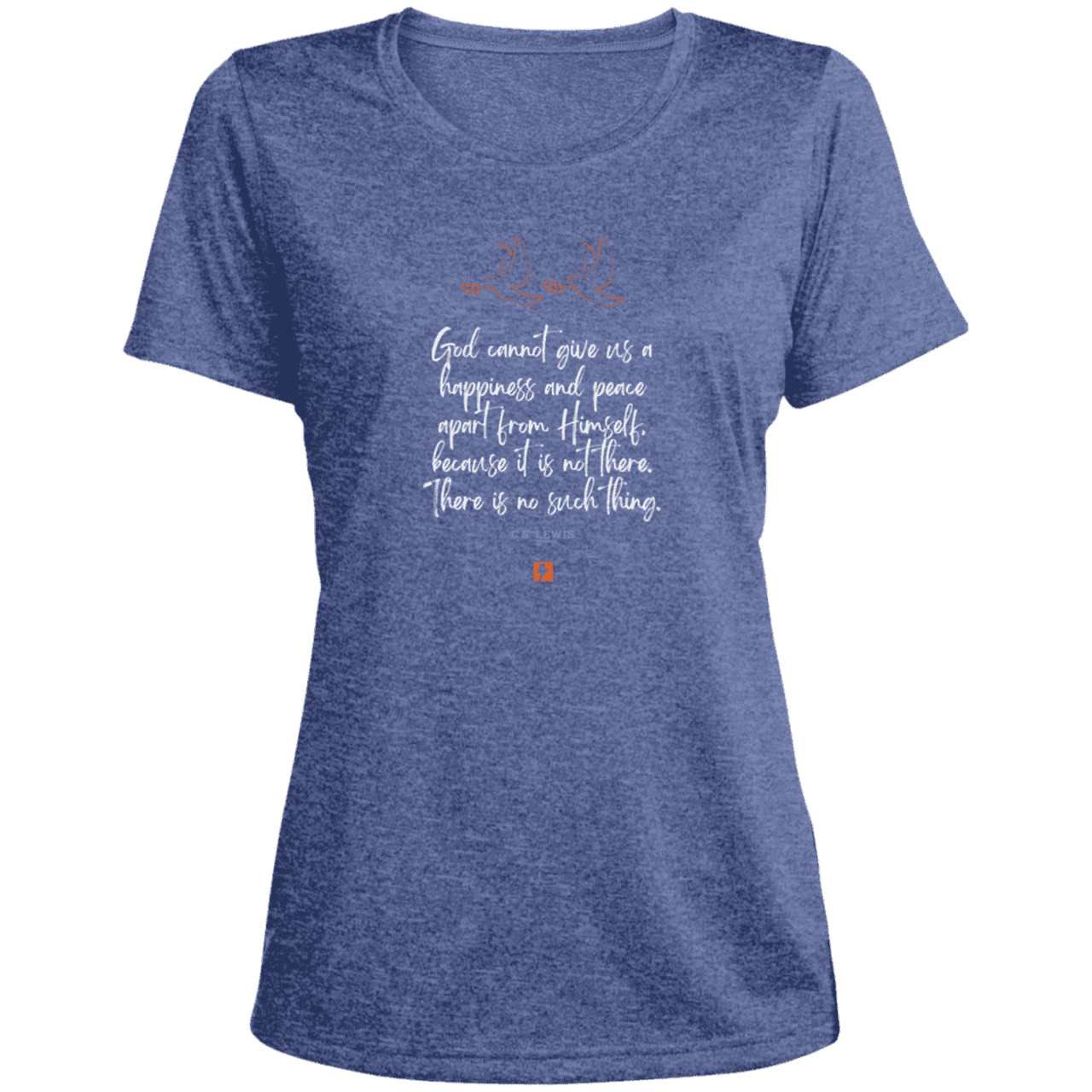 Ladies' Heather Scoop Neck Performance Tee with inspiring CS Lewis quote: CS106 - No peace apart from God - Color: True Royal Heather