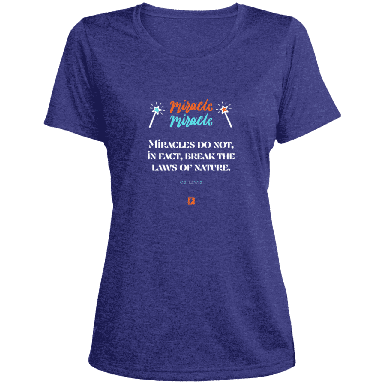 Ladies' Heather Scoop Neck Performance Tee with inspiring CS Lewis quote: CS110 - Miracles do not break natural laws - Color: Cobalt Heather