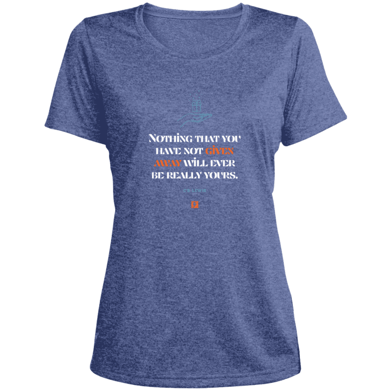 Ladies' Heather Scoop Neck Performance Tee with inspiring CS Lewis quote: CS111 - Give away to possess it - Color: True Royal Heather