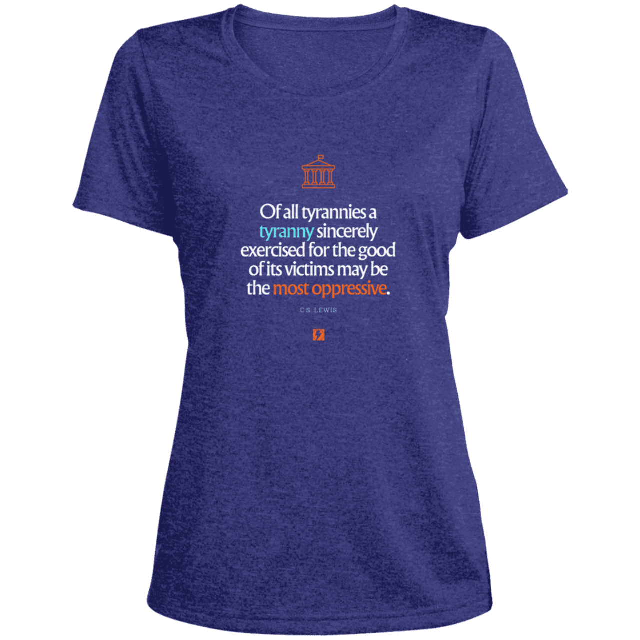 Ladies' Heather Scoop Neck Performance Tee with inspiring CS Lewis quote: CS112 - Tyranny is amplified by sincere intention - Color: Cobalt Heather