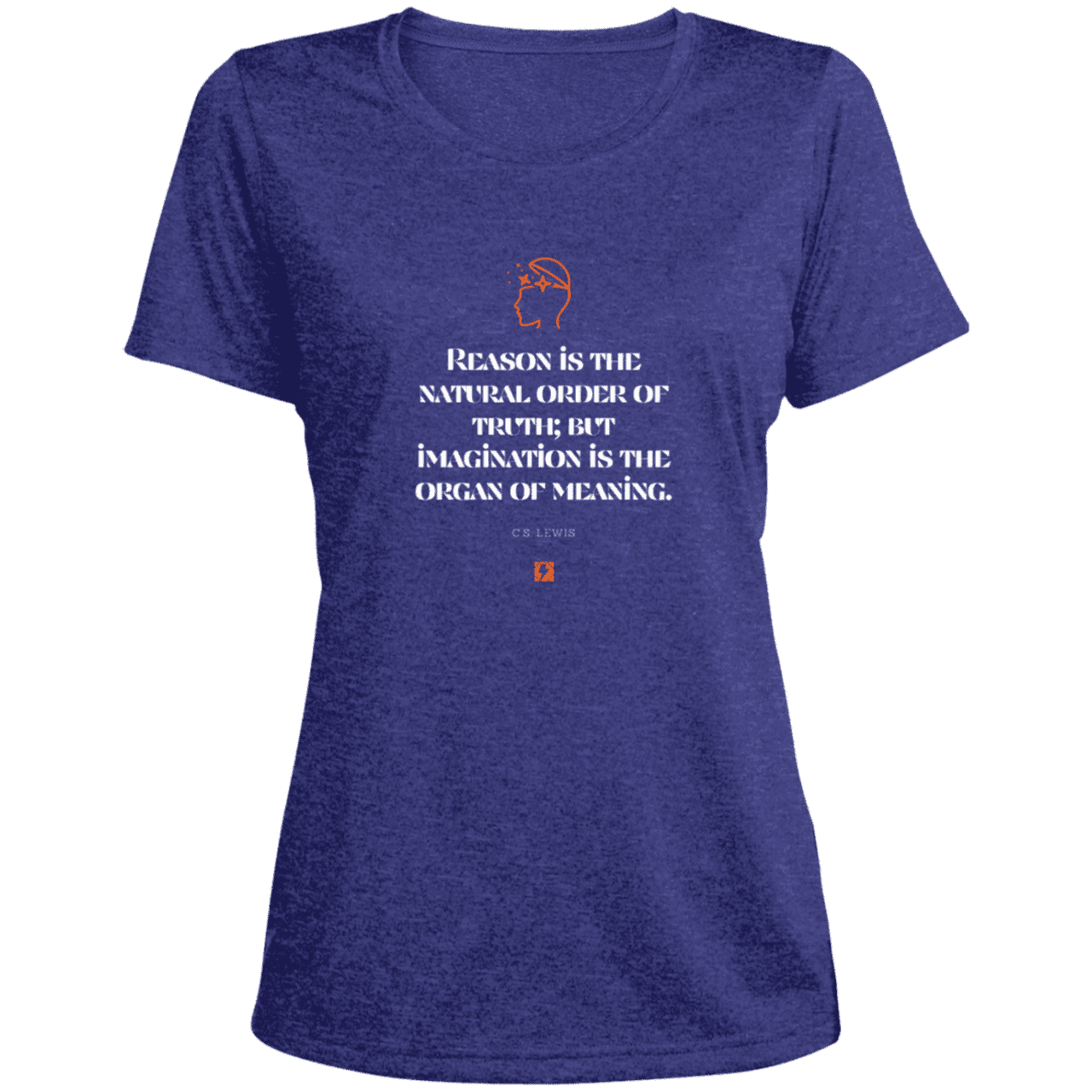 Ladies' Heather Scoop Neck Performance Tee with inspiring CS Lewis quote: CS113 - Truth and meaning require reason and imagination - Color: Cobalt Heather