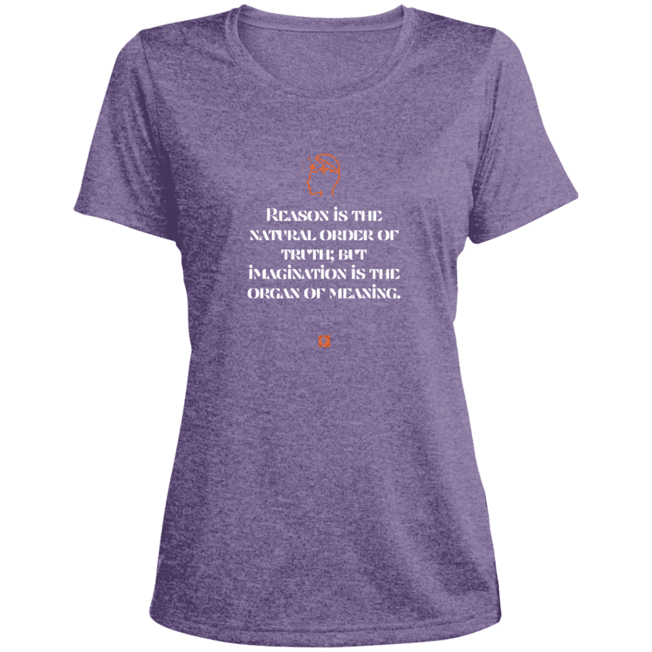 Ladies' Heather Scoop Neck Performance Tee with inspiring CS Lewis quote: CS113 - Truth and meaning require reason and imagination - Color: Purple Heather