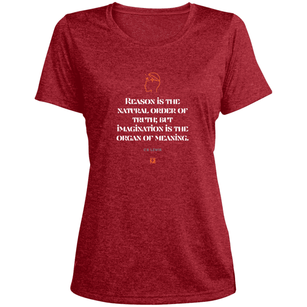 Ladies' Heather Scoop Neck Performance Tee with inspiring CS Lewis quote: CS113 - Truth and meaning require reason and imagination - Color: Scarlet Heather