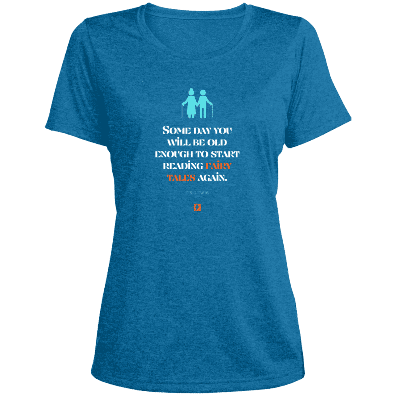 Ladies' Heather Scoop Neck Performance Tee with inspiring CS Lewis quote: CS114 - Fairy tales for the old - Color: Blue Wake Heather