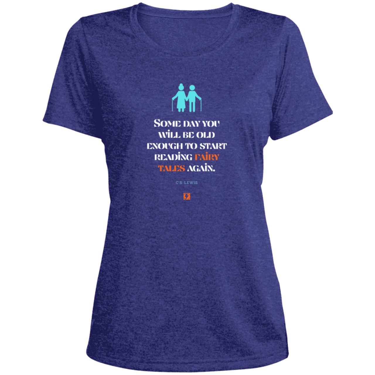 Ladies' Heather Scoop Neck Performance Tee with inspiring CS Lewis quote: CS114 - Fairy tales for the old - Color: Cobalt Heather