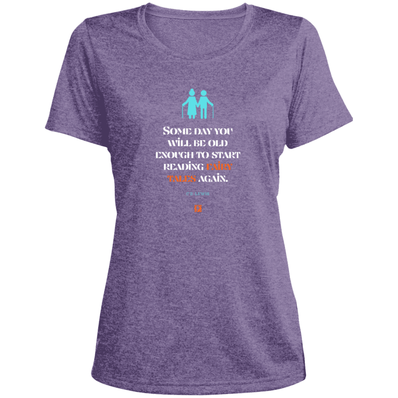 Ladies' Heather Scoop Neck Performance Tee with inspiring CS Lewis quote: CS114 - Fairy tales for the old - Color: Purple Heather