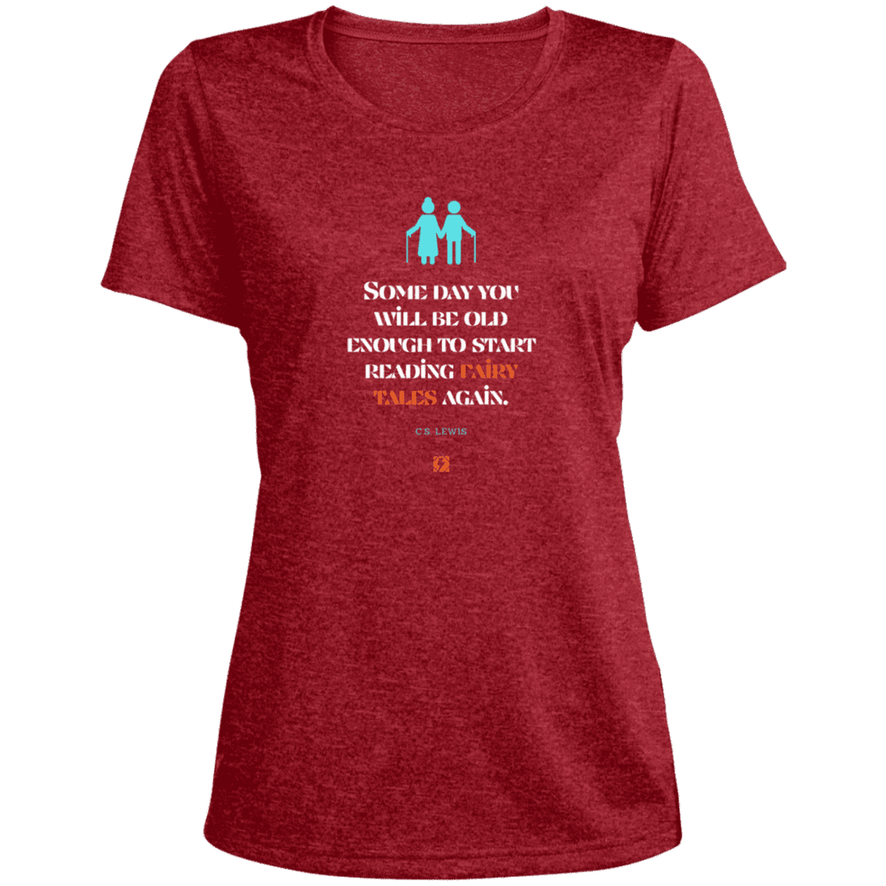 Ladies' Heather Scoop Neck Performance Tee with inspiring CS Lewis quote: CS114 - Fairy tales for the old - Color: Scarlet Heather