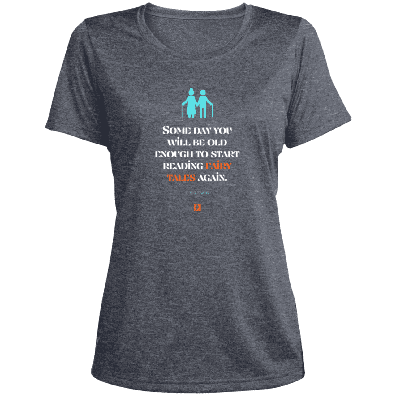 Ladies' Heather Scoop Neck Performance Tee with inspiring CS Lewis quote: CS114 - Fairy tales for the old - Color: True Navy Heather