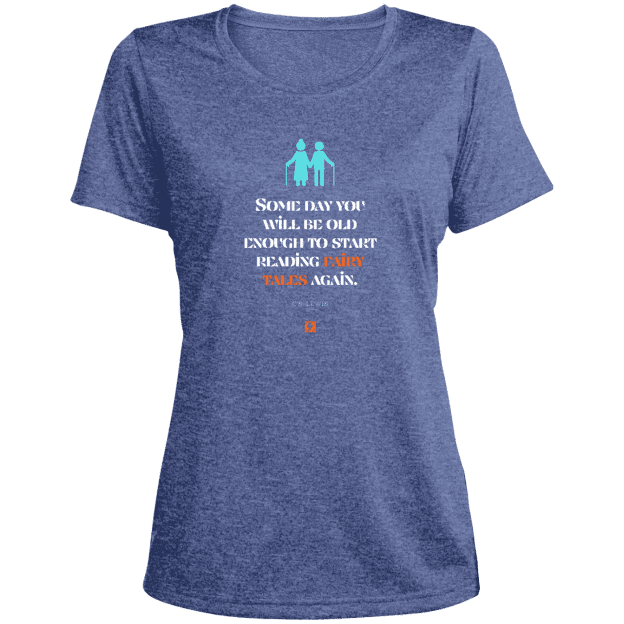 Ladies' Heather Scoop Neck Performance Tee with inspiring CS Lewis quote: CS114 - Fairy tales for the old - Color: True Royal Heather