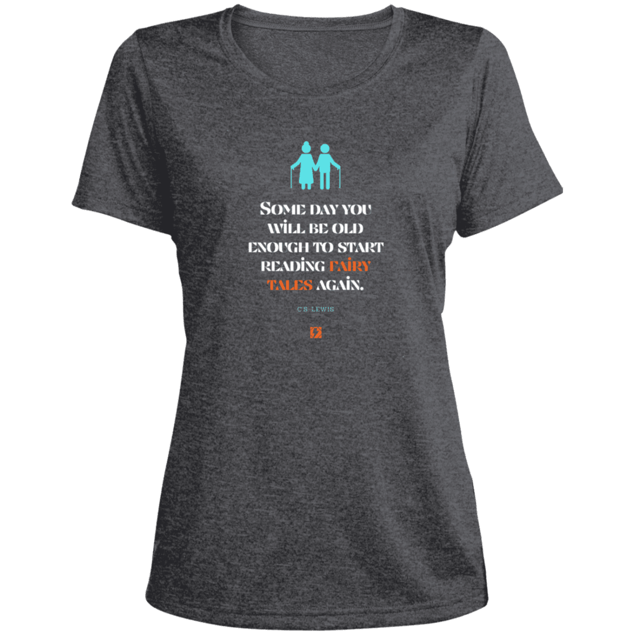 Ladies' Heather Scoop Neck Performance Tee with inspiring CS Lewis quote: CS114 - Fairy tales for the old - Color: Graphite Heather