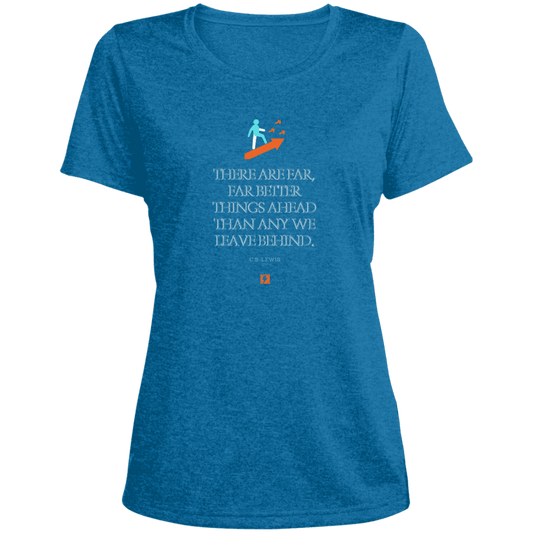 Ladies' Heather Scoop Neck Performance Tee with inspiring CS Lewis quote: CS115 - Better things ahead than behind - Color: Blue Wake Heather