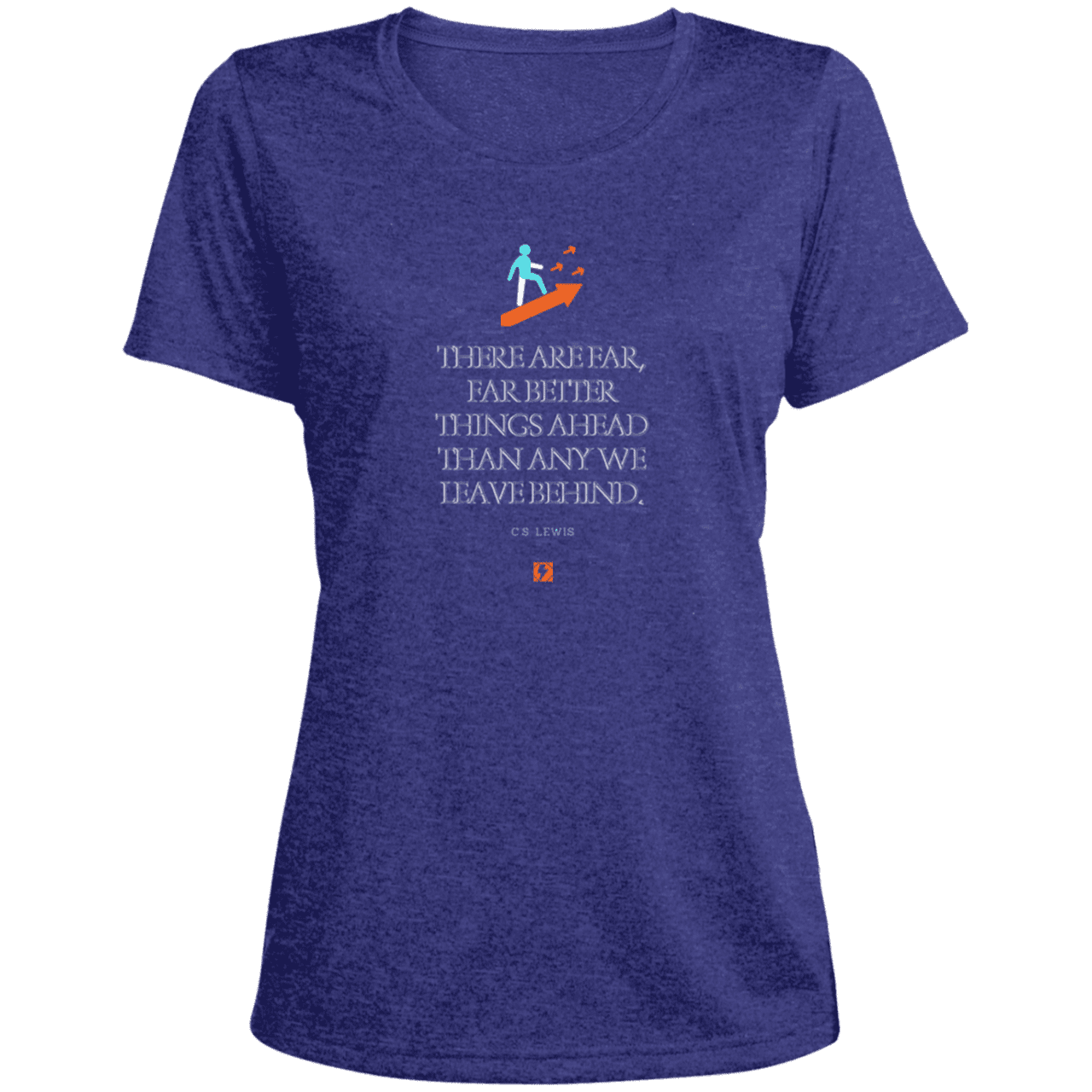 Ladies' Heather Scoop Neck Performance Tee with inspiring CS Lewis quote: CS115 - Better things ahead than behind - Color: Cobalt Heather