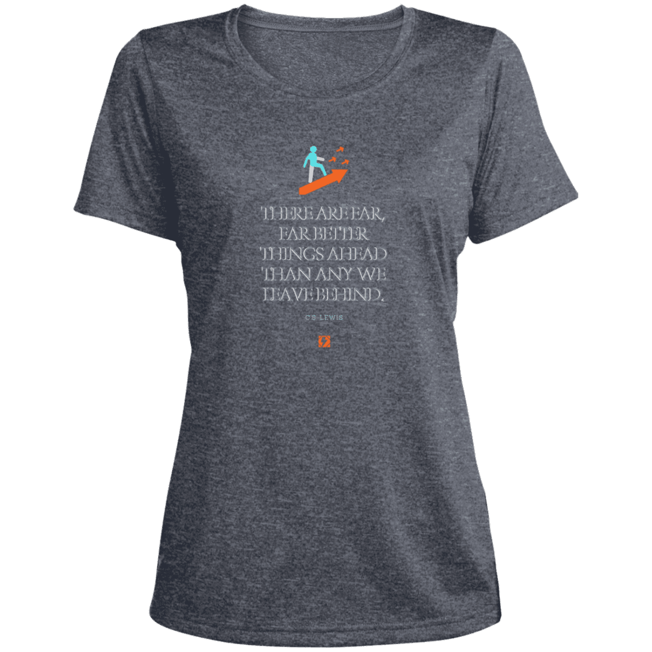 Ladies' Heather Scoop Neck Performance Tee with inspiring CS Lewis quote: CS115 - Better things ahead than behind - Color: True Navy Heather