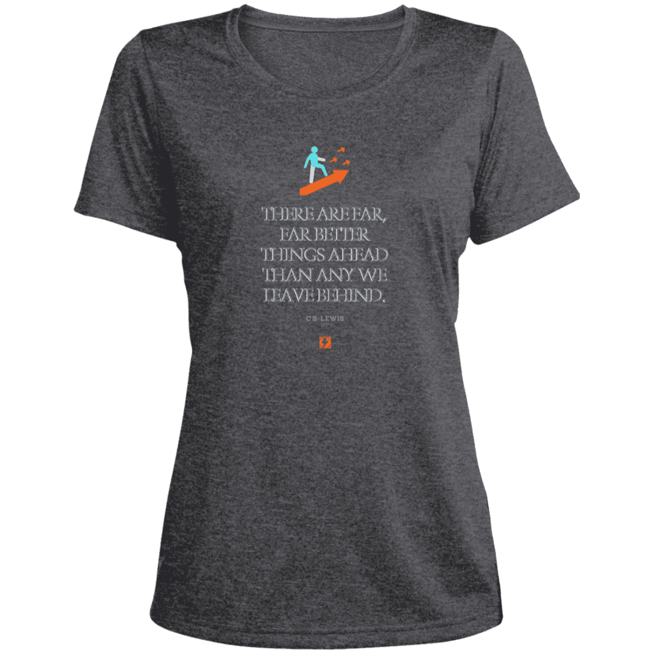 Ladies' Heather Scoop Neck Performance Tee with inspiring CS Lewis quote: CS115 - Better things ahead than behind - Color: Graphite Heather