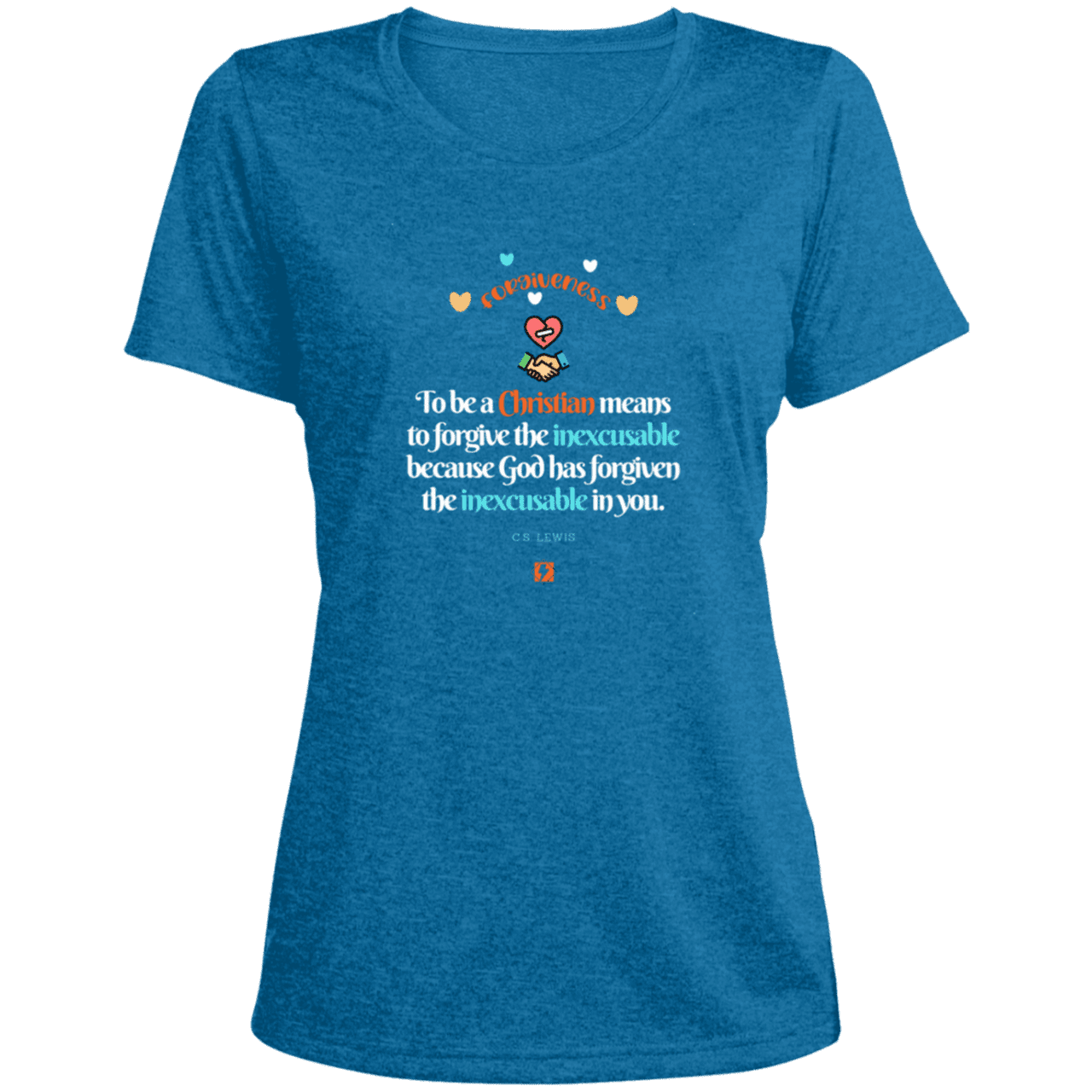 Ladies' Heather Scoop Neck Performance Tee with inspiring CS Lewis quote: CS116 - Forgive the inexcusable - Color: Blue Wake Heather