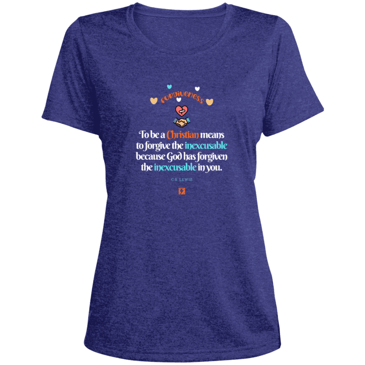 Ladies' Heather Scoop Neck Performance Tee with inspiring CS Lewis quote: CS116 - Forgive the inexcusable - Color: Cobalt Heather