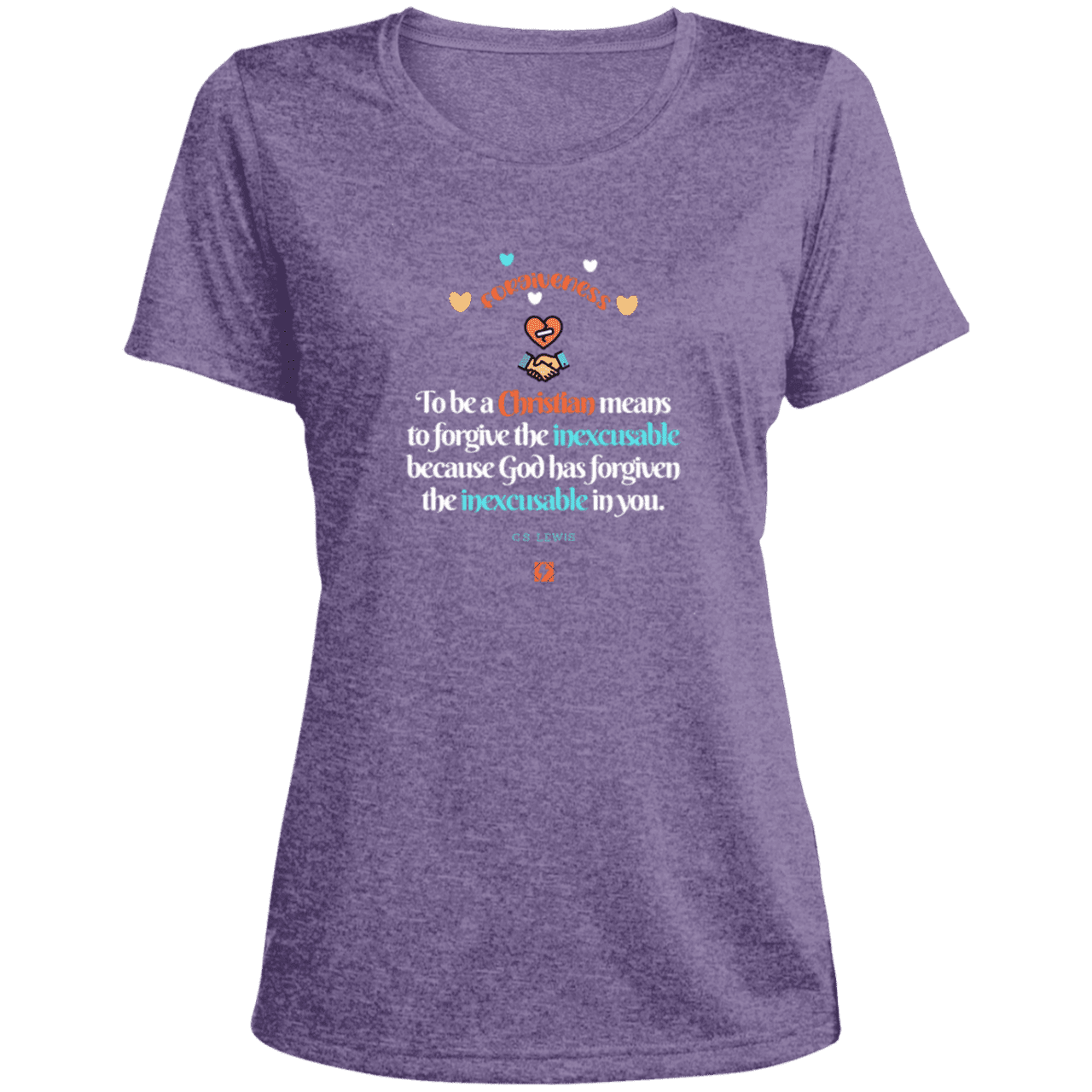 Ladies' Heather Scoop Neck Performance Tee with inspiring CS Lewis quote: CS116 - Forgive the inexcusable - Color: Purple Heather